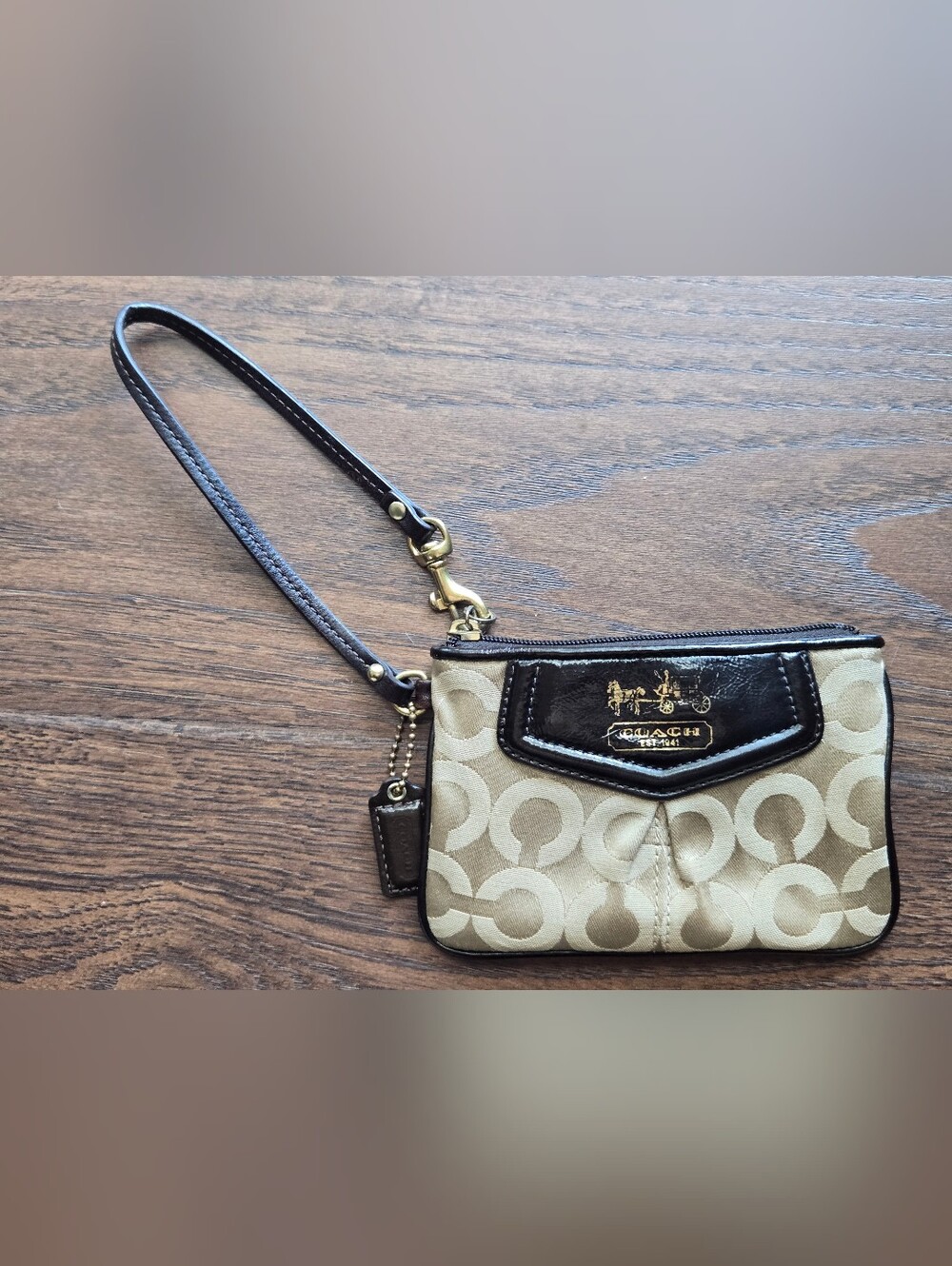 COACH Beige Signature Canvas Wristlet Brown Leather Trim Strap